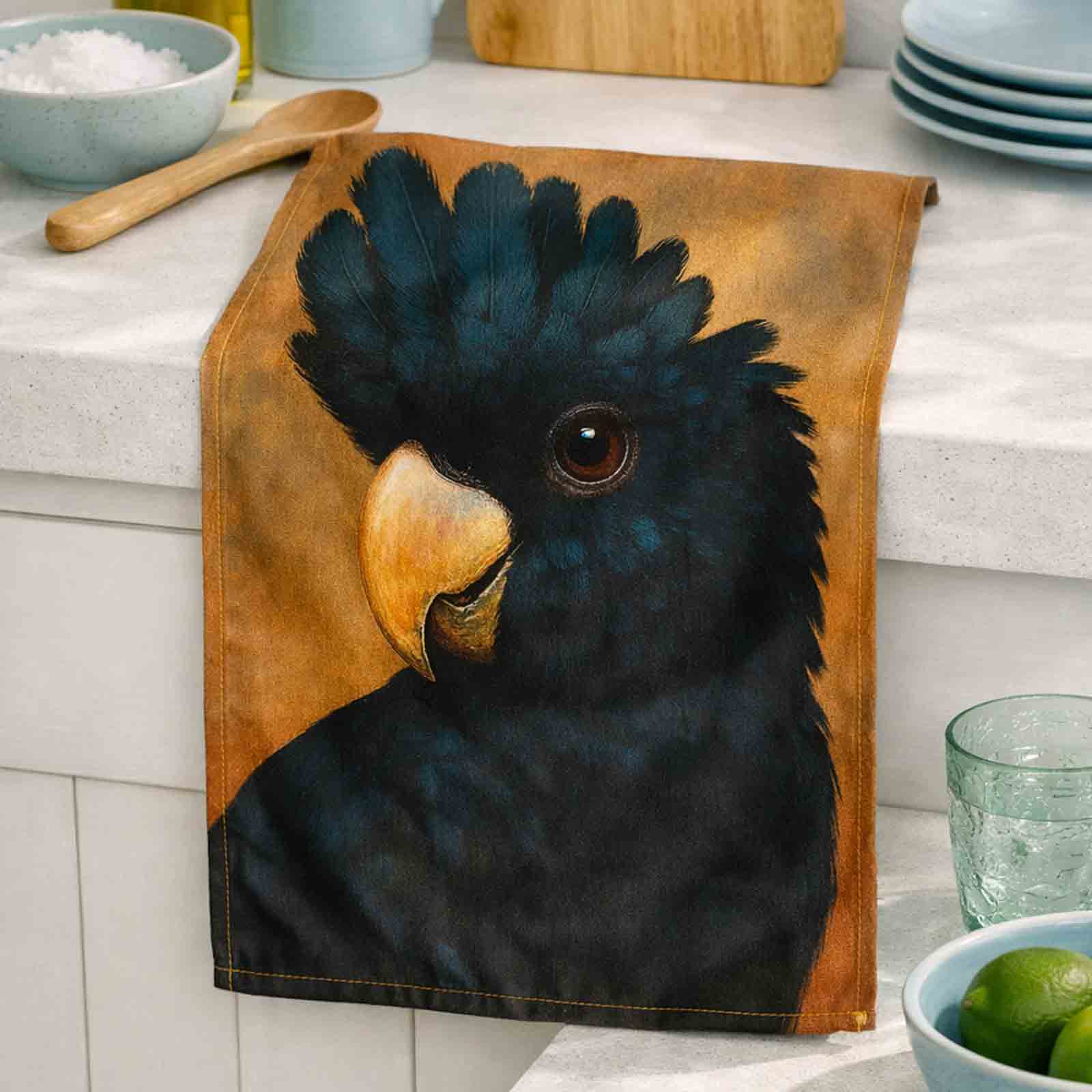 Mint by Michelle Australian artist designed cotton tea towel with Black Cockatoo
