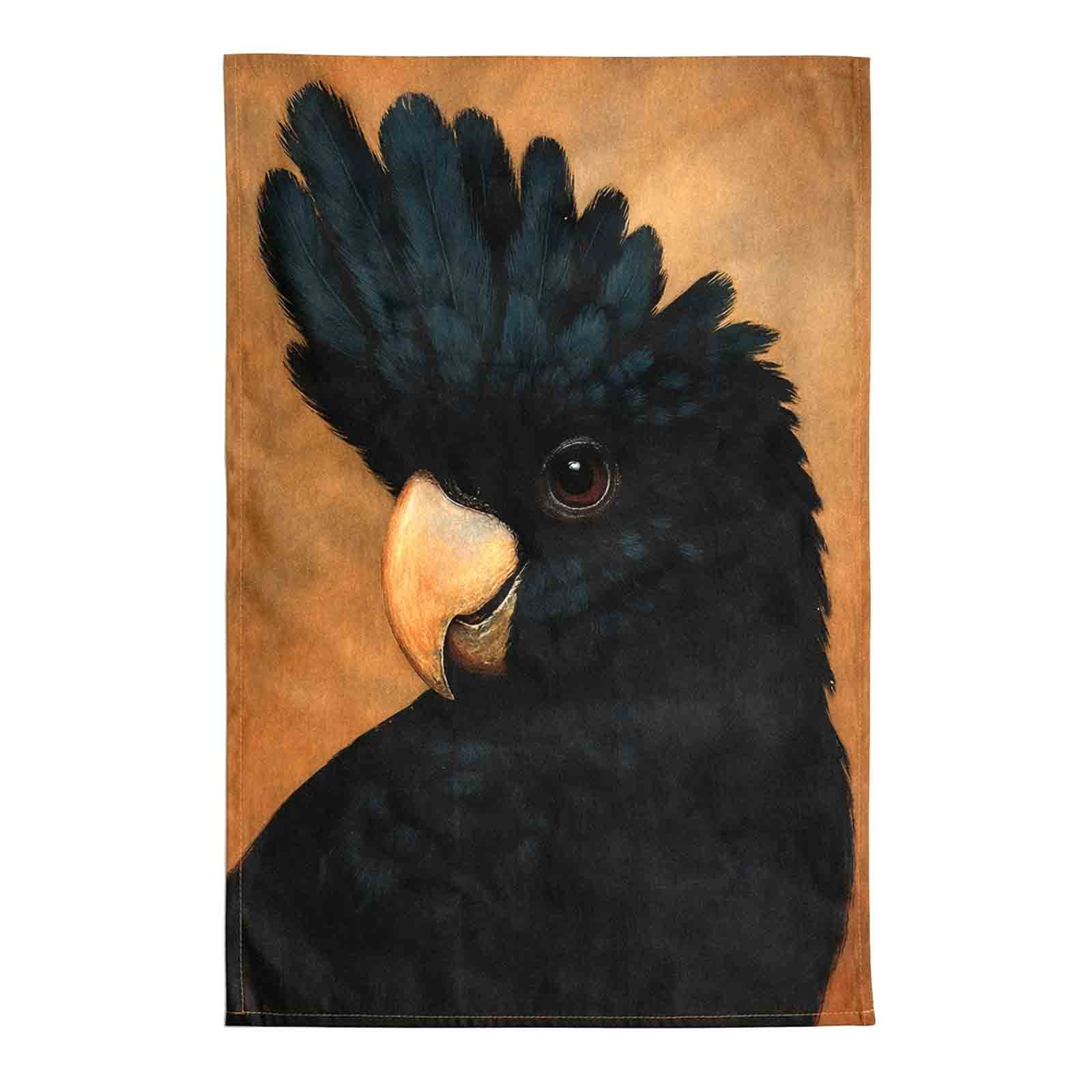 Mint by Michelle Black Cockatoo tea towel showing full artwork, 100% cotton, 62cm × 41cm, photographed flat