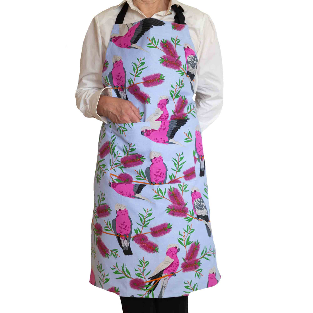 Blue Galah heavy drill cotton apron with vibrant Australian bird print, durable kitchen and BBQ gift