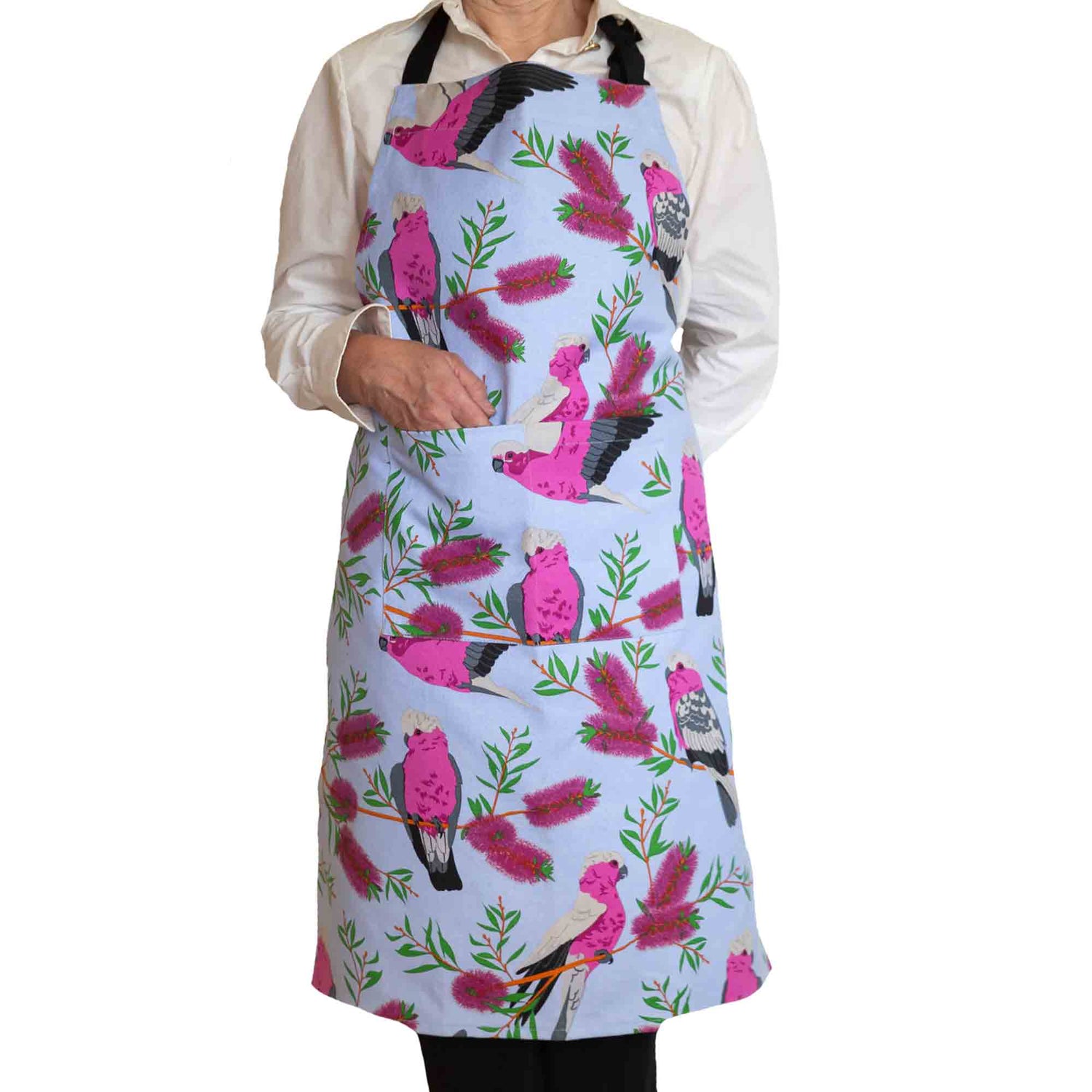 Blue Galah heavy drill cotton apron with vibrant Australian bird print, durable kitchen and BBQ gift