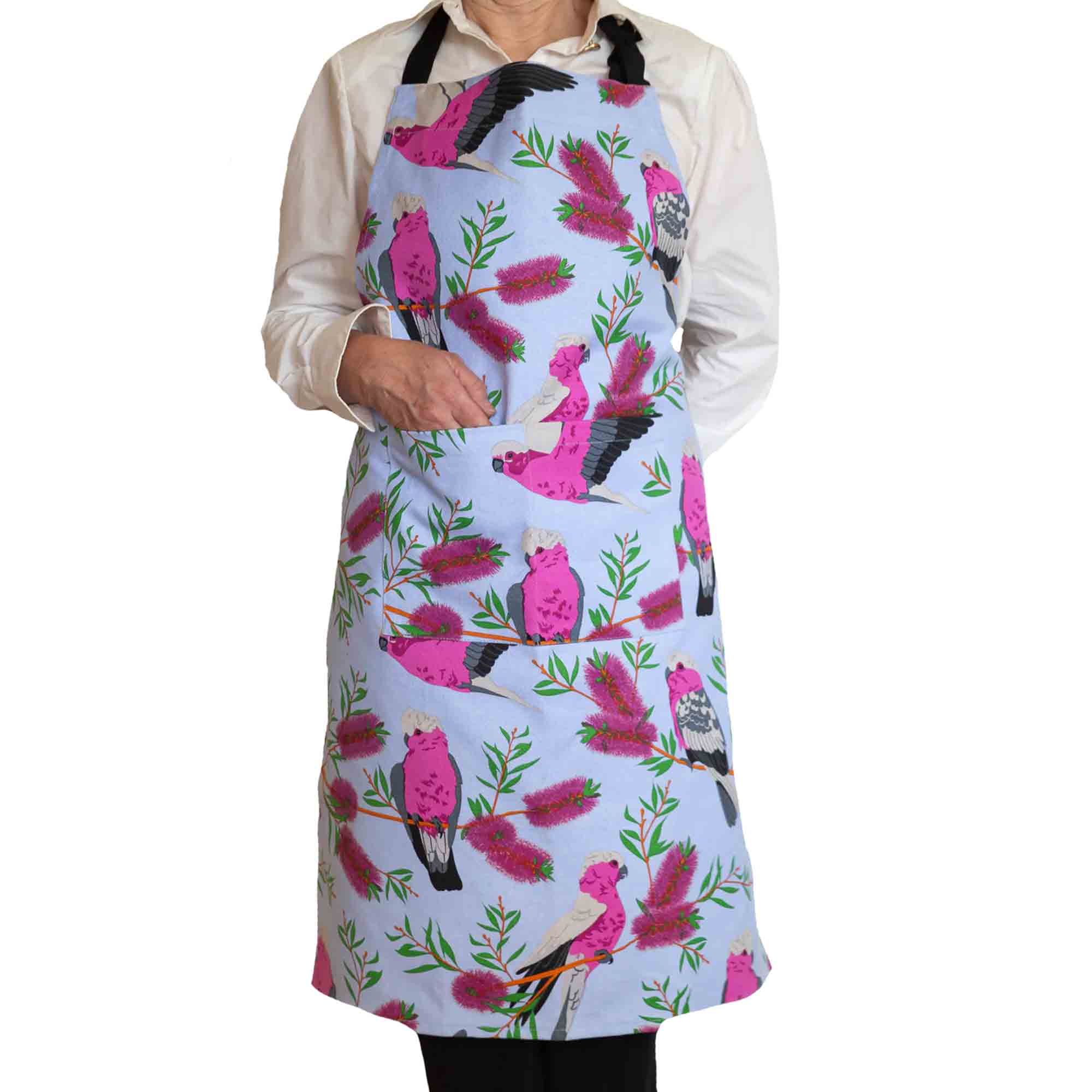 Blue Galah heavy drill cotton apron with vibrant Australian bird print, durable kitchen and BBQ gift