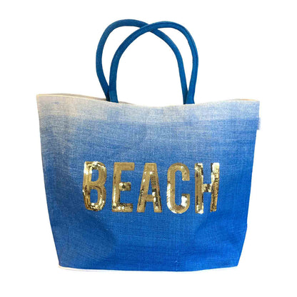 Blue BEACH Sequin Jute Beach Bag Tote