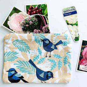 BLUE WREN 100% Cotton Zip Pouch / Coin, Pencil Case, Makeup