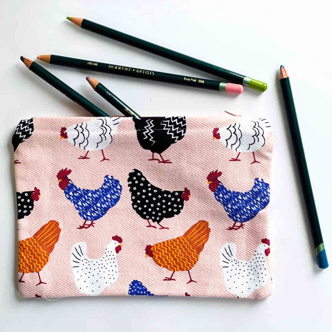 Bright Hens 100% Cotton Zip Pouch Pencil Case Makeup Bag Coin Purse