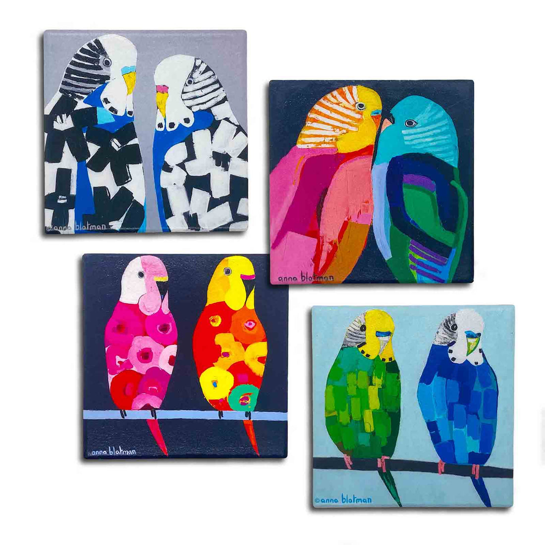 Budgies by Anna Blatman Set of 4 Dolomite Stone Absorbent Coasters