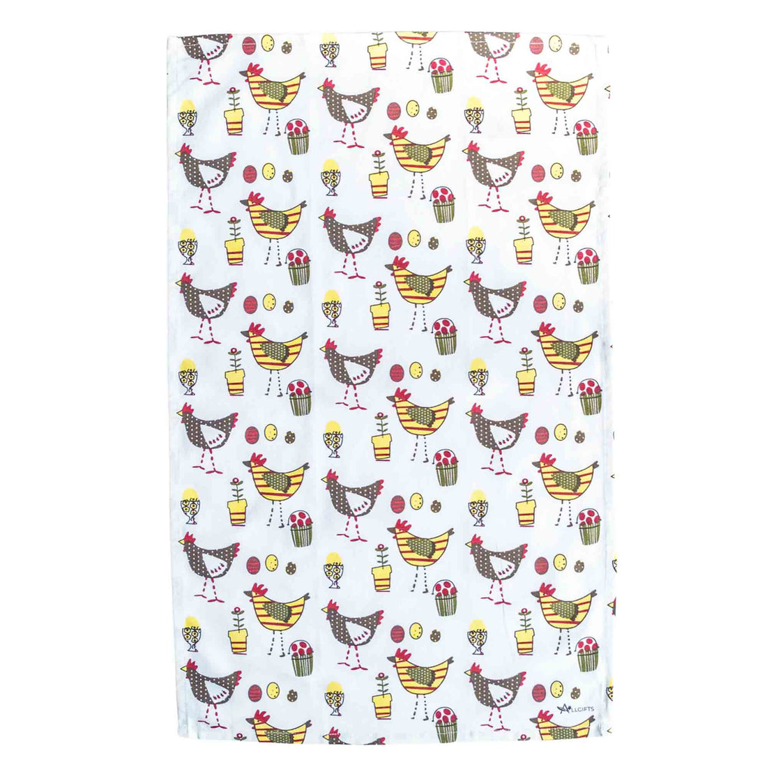 Tea towel with chicken and egg pattern on a white background