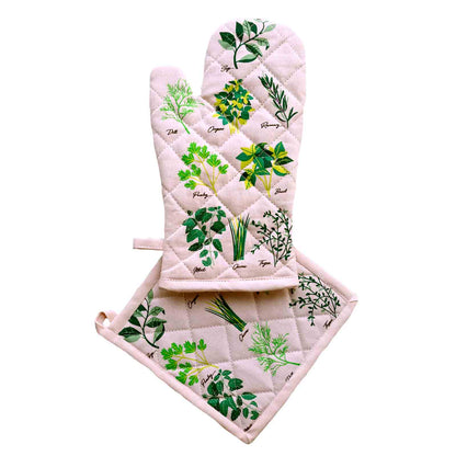 Culinary Herbs 100% Cotton Oven Mitt and Pot Holder Set