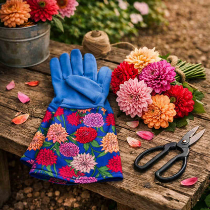 Dahlia patterned gardening gloves on a wooden bench next to flowers
