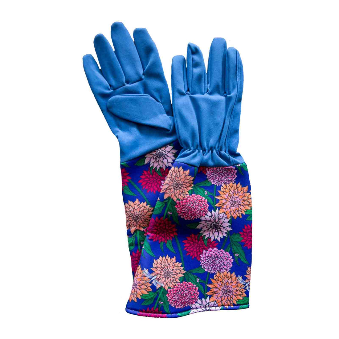Blue gardening gloves with colorful floral pattern on a white background