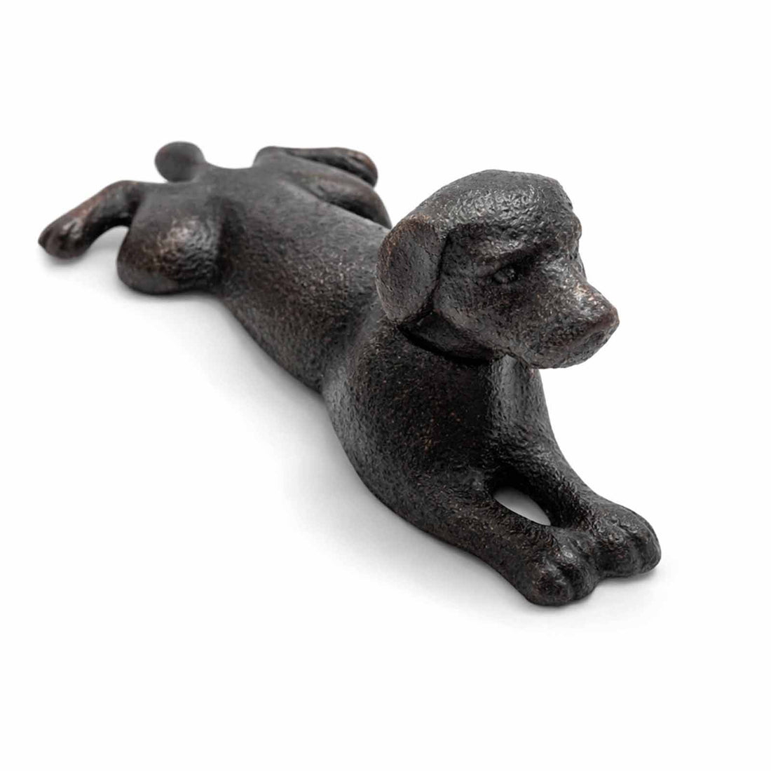 Cast iron dog doorstop on a white background