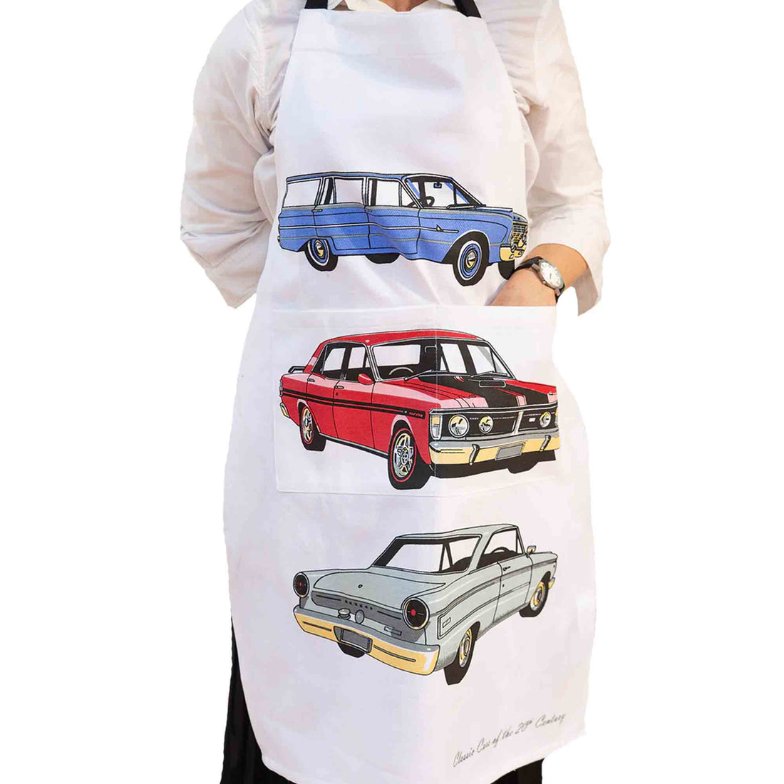 White apron with Classic Falcon Car designs on it