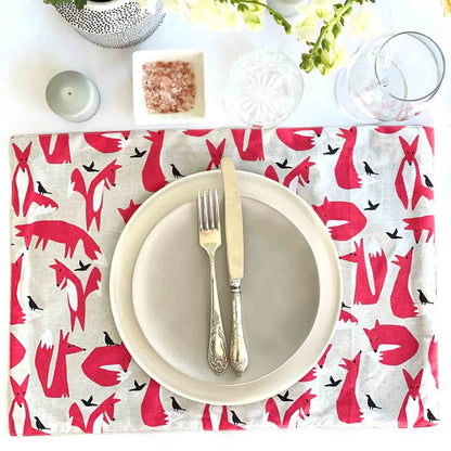 Foxes 100% Cotton Fabric Placemats - Set of 4 