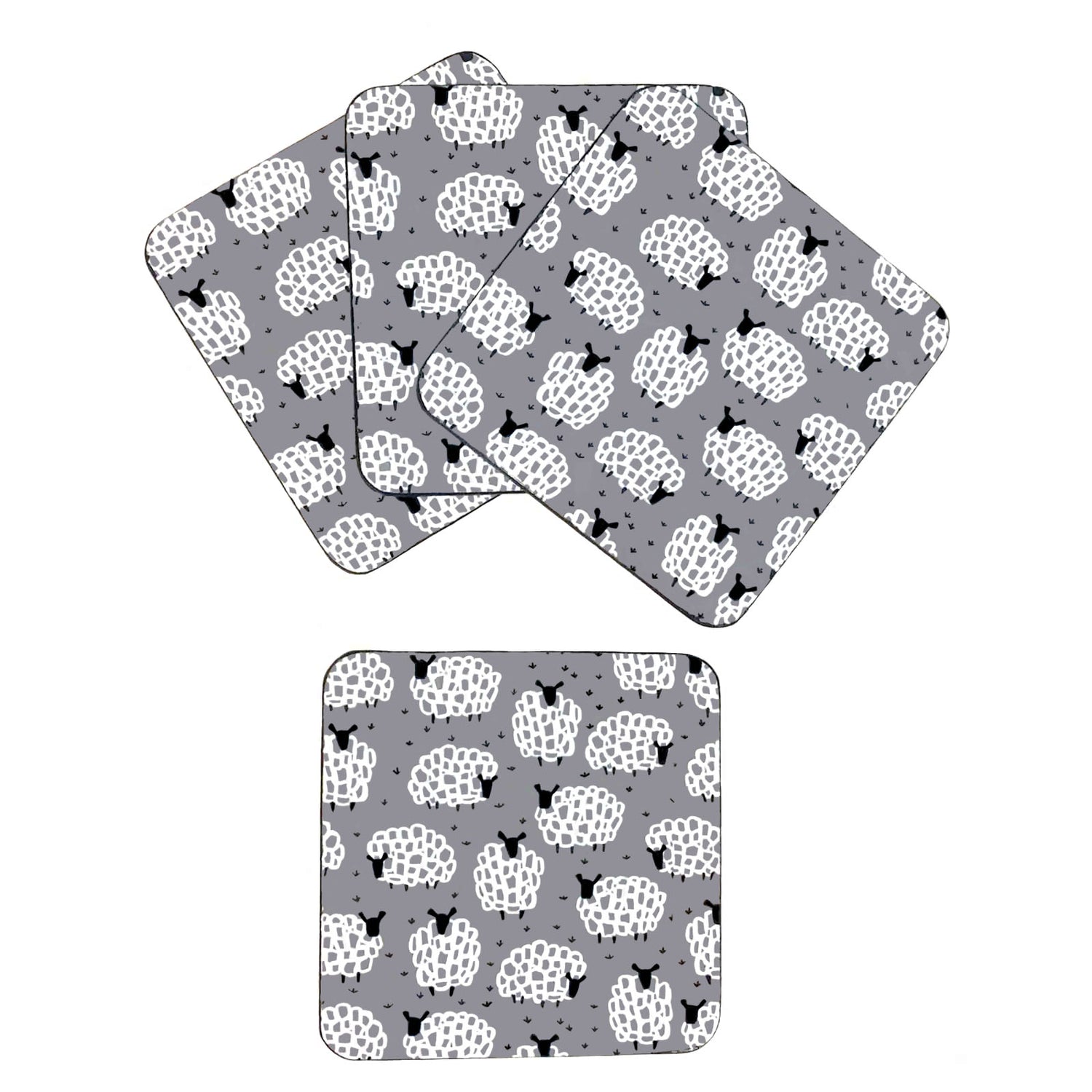 Set of four coasters with a sheep pattern on grey background