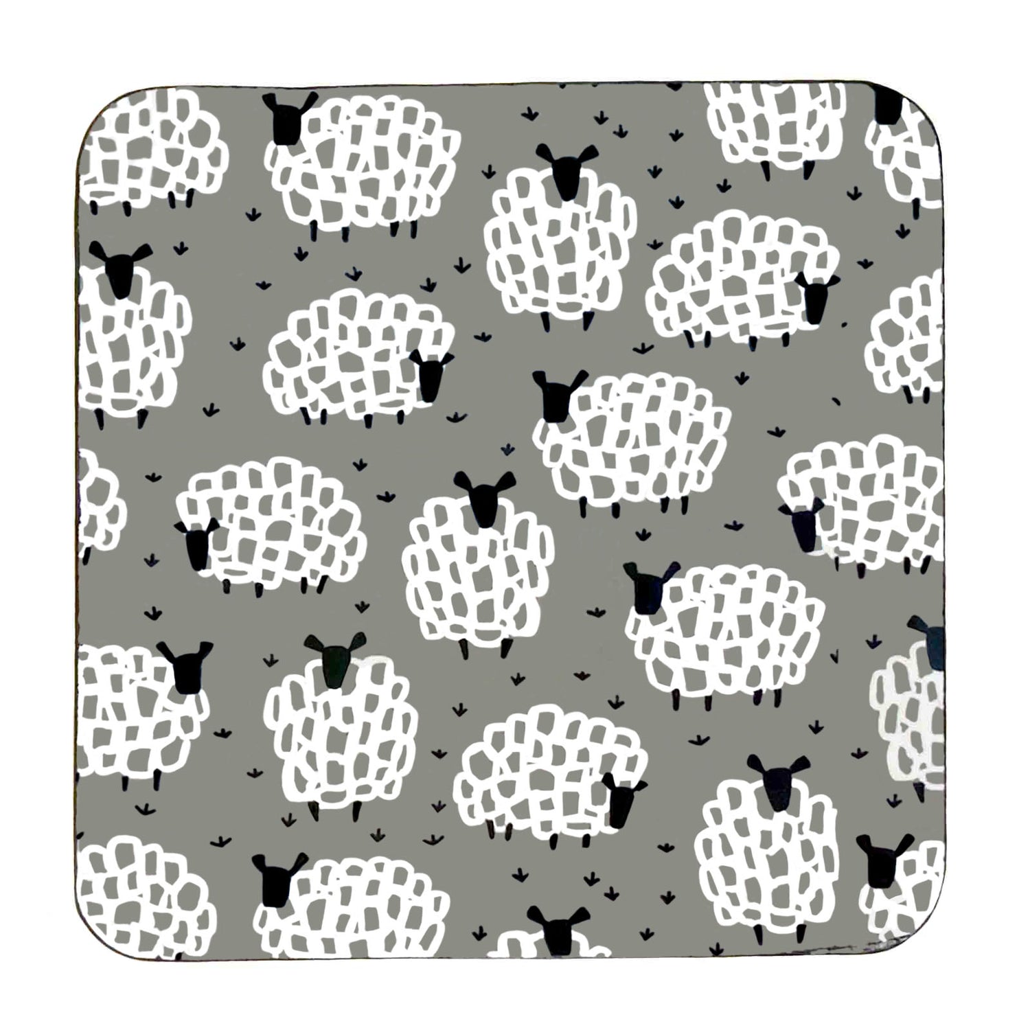 Pattern of white sheep with black faces on a grey background