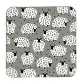 Pattern of white sheep with black faces on a grey background