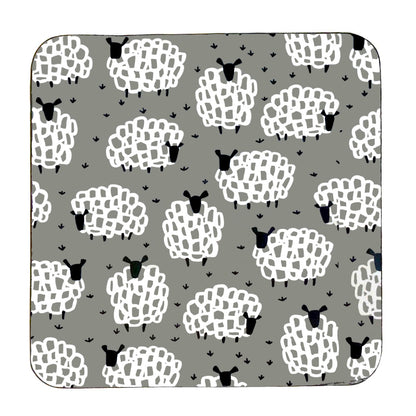 Pattern of white sheep with black faces on a grey background