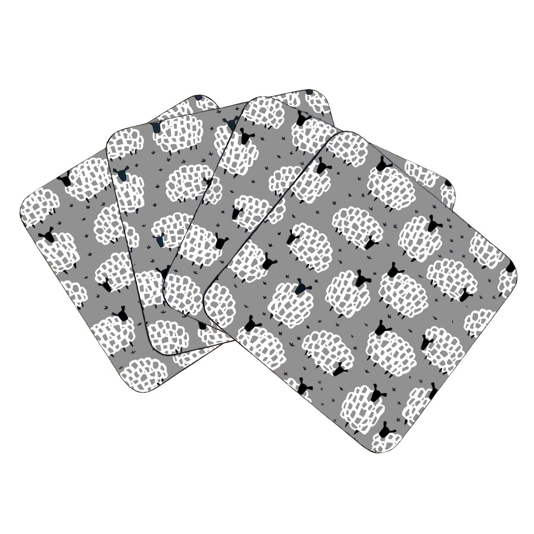 Set of four coasters with a sheep pattern on grey background