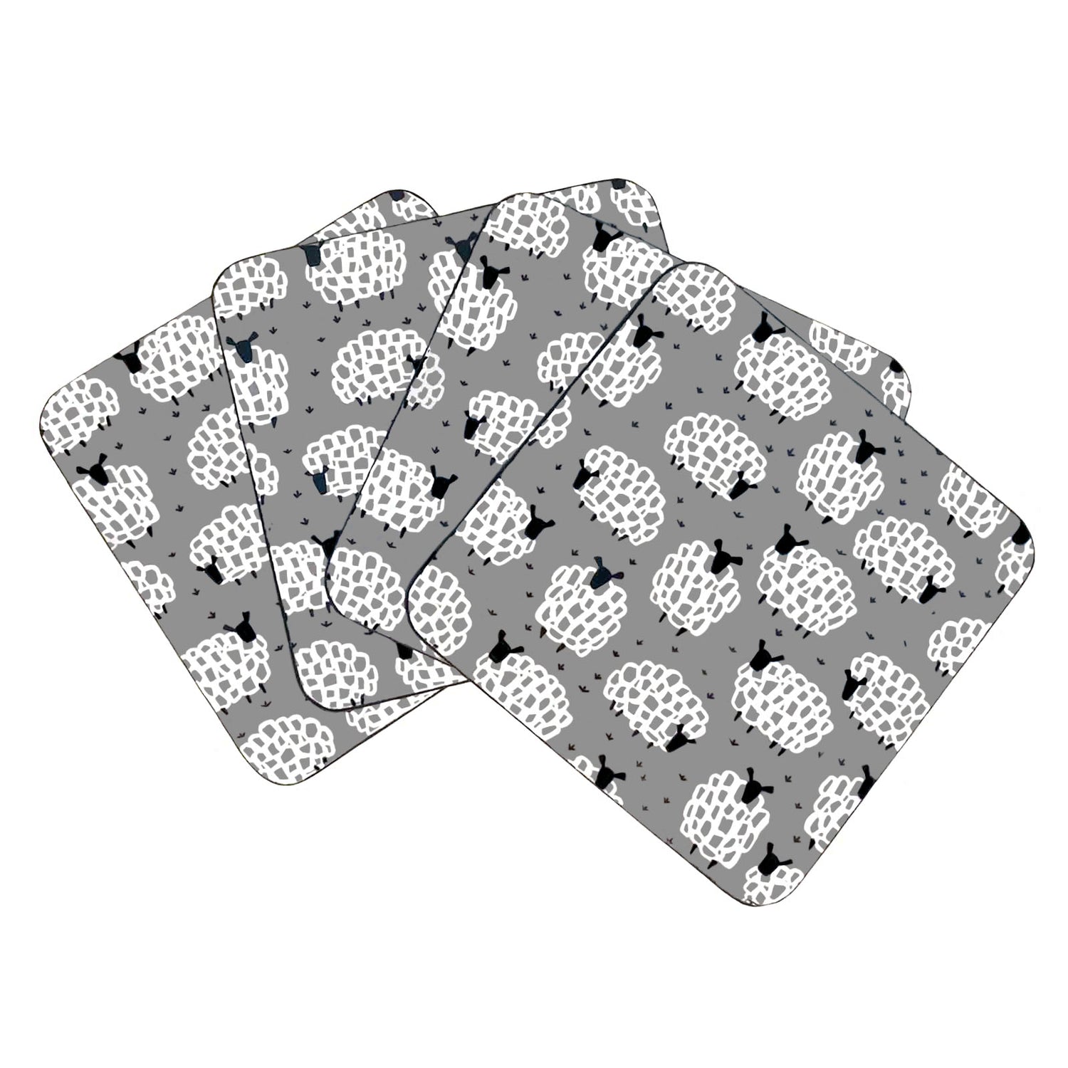 Set of four coasters with a sheep pattern on grey background