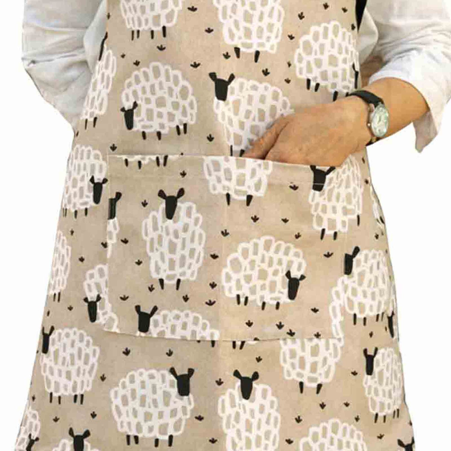 Grey sheep apron - close up of large pocket
