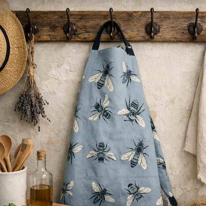 Heavy drill cotton apron with hand‑drawn bee design for cooking, gardening and crafting