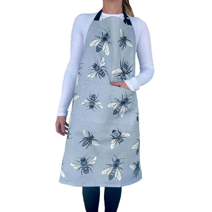 Adjustable grey sketch bee print cotton apron for kitchen and garden use
