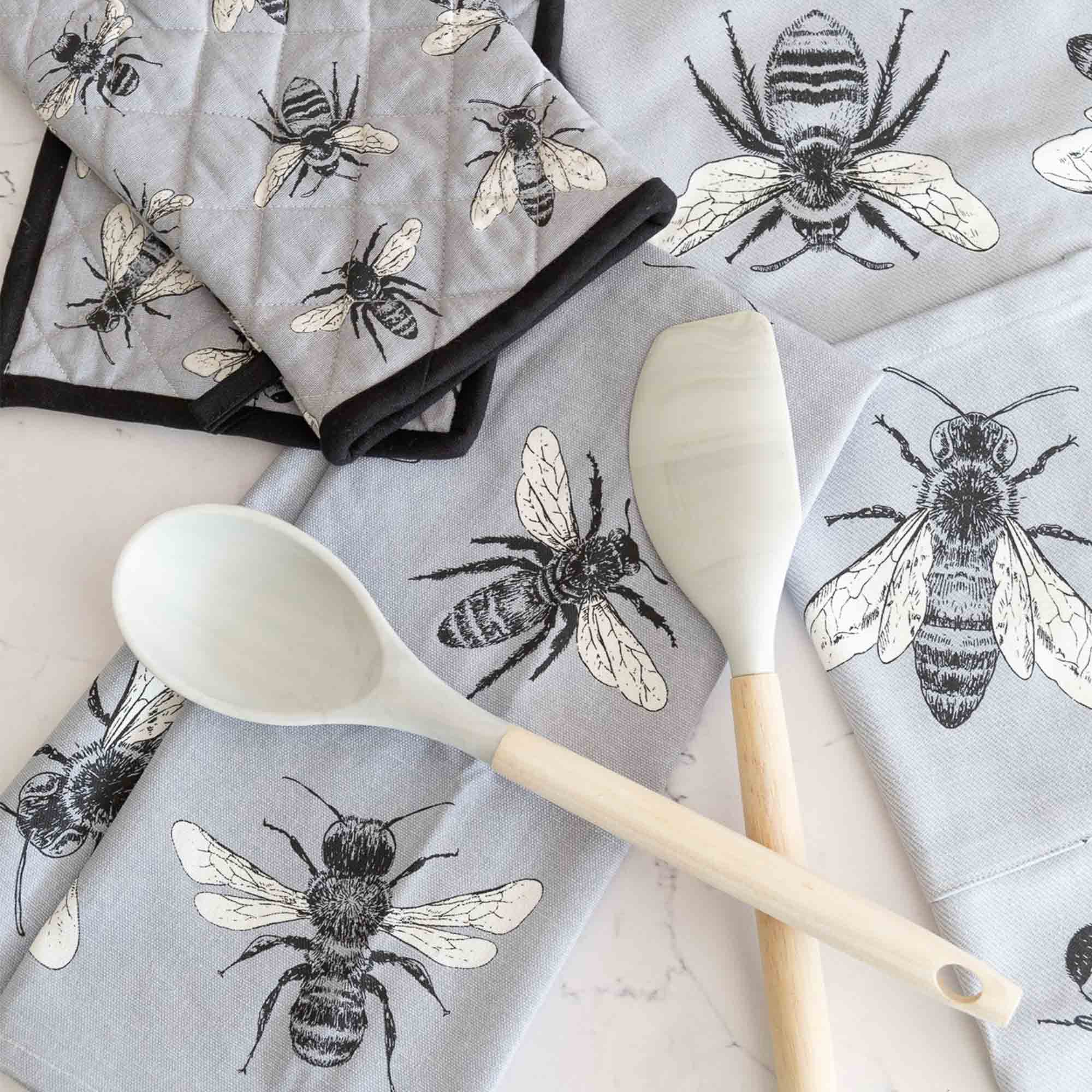Stylish grey bee design tea towel – absorbent cotton kitchen accessory