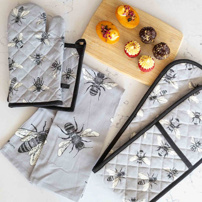 Grey cotton tea towel with bee sketch – perfect eco‑friendly kitchen gift