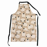 Grey Sheep apron - a greyish beige apron with white sheep with black faces