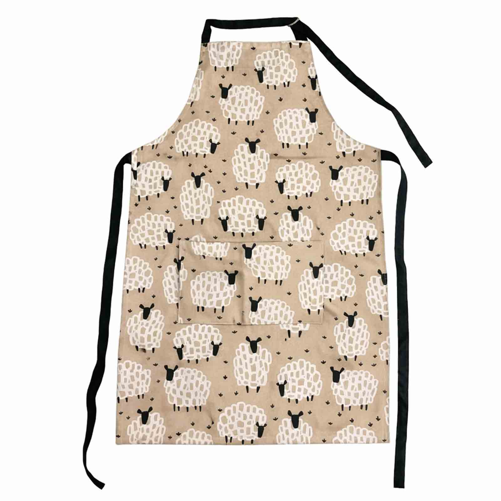 Grey Sheep apron - a greyish beige apron with white sheep with black faces