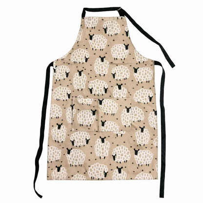 Grey Sheep apron - a greyish beige apron with white sheep with black faces