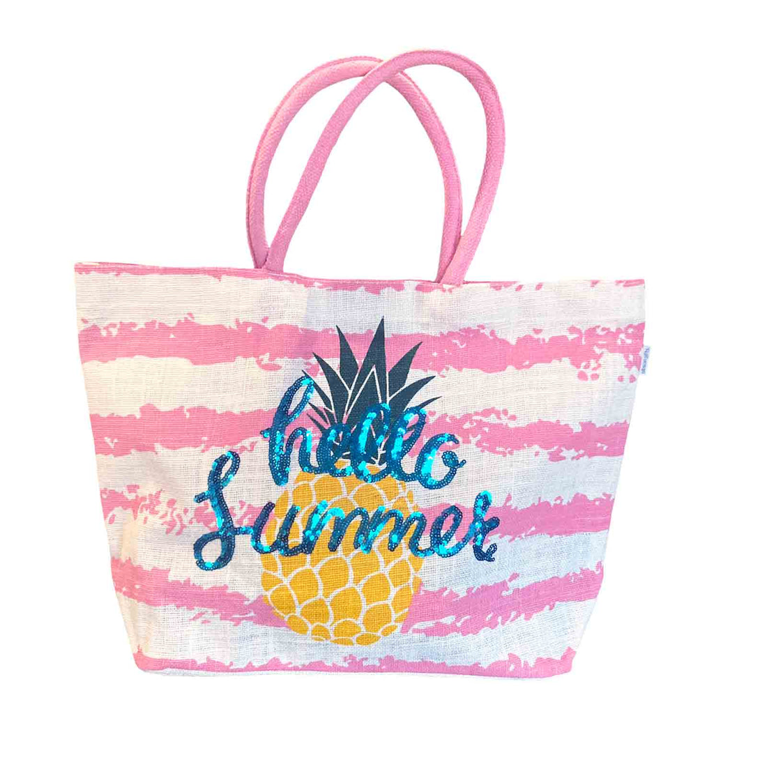 Striped Hello Summer Sequin Jute Beach Bag Tote