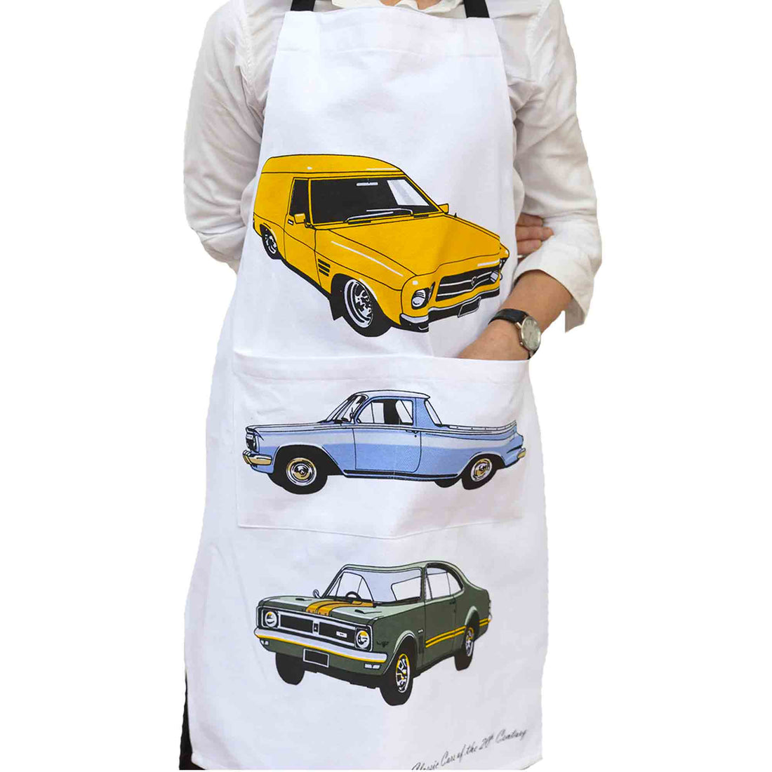 White apron with Classic Holden Cars design on it
