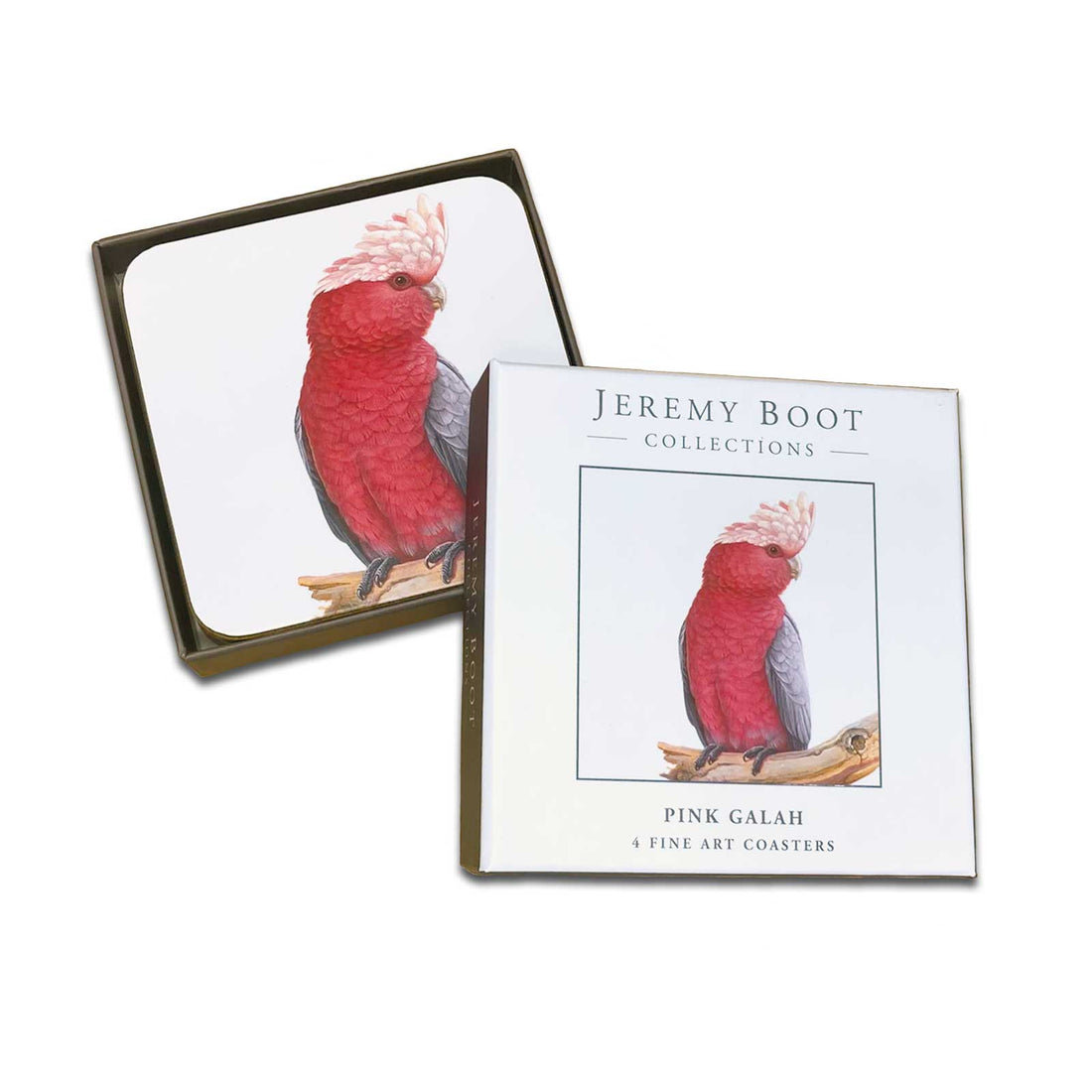 Jeremy Boot Collections Set of 4 Gift Boxed Pink Galah Fine Art Coasters Australian Birds