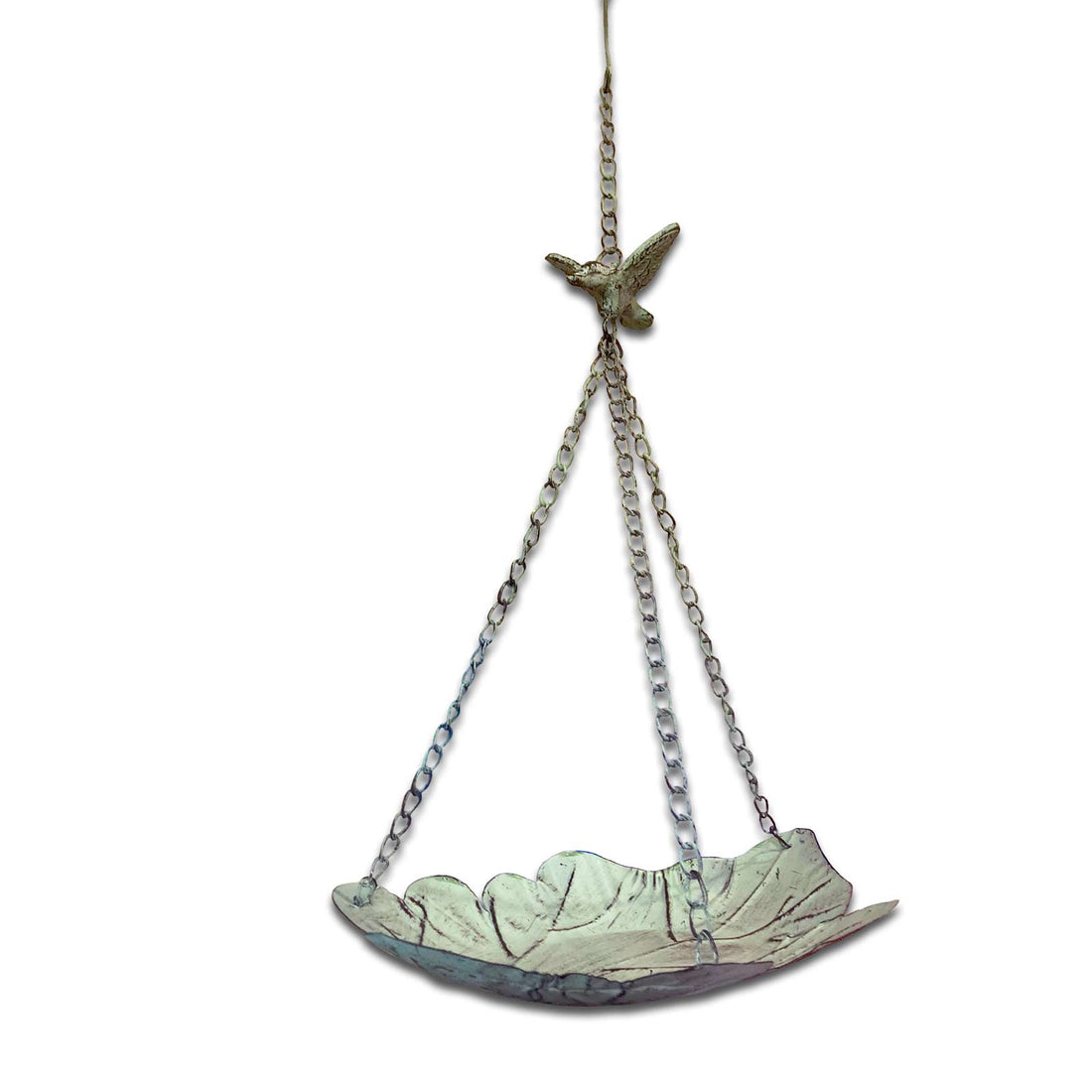 Decorative hanging bird feeder / bath with leaf design and small bird figure on a white background