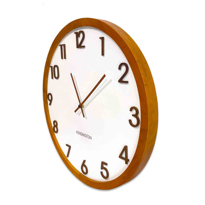 Kensington Wood Wall Clock - Brown timber framed clock with a white face and raised brown numbers.