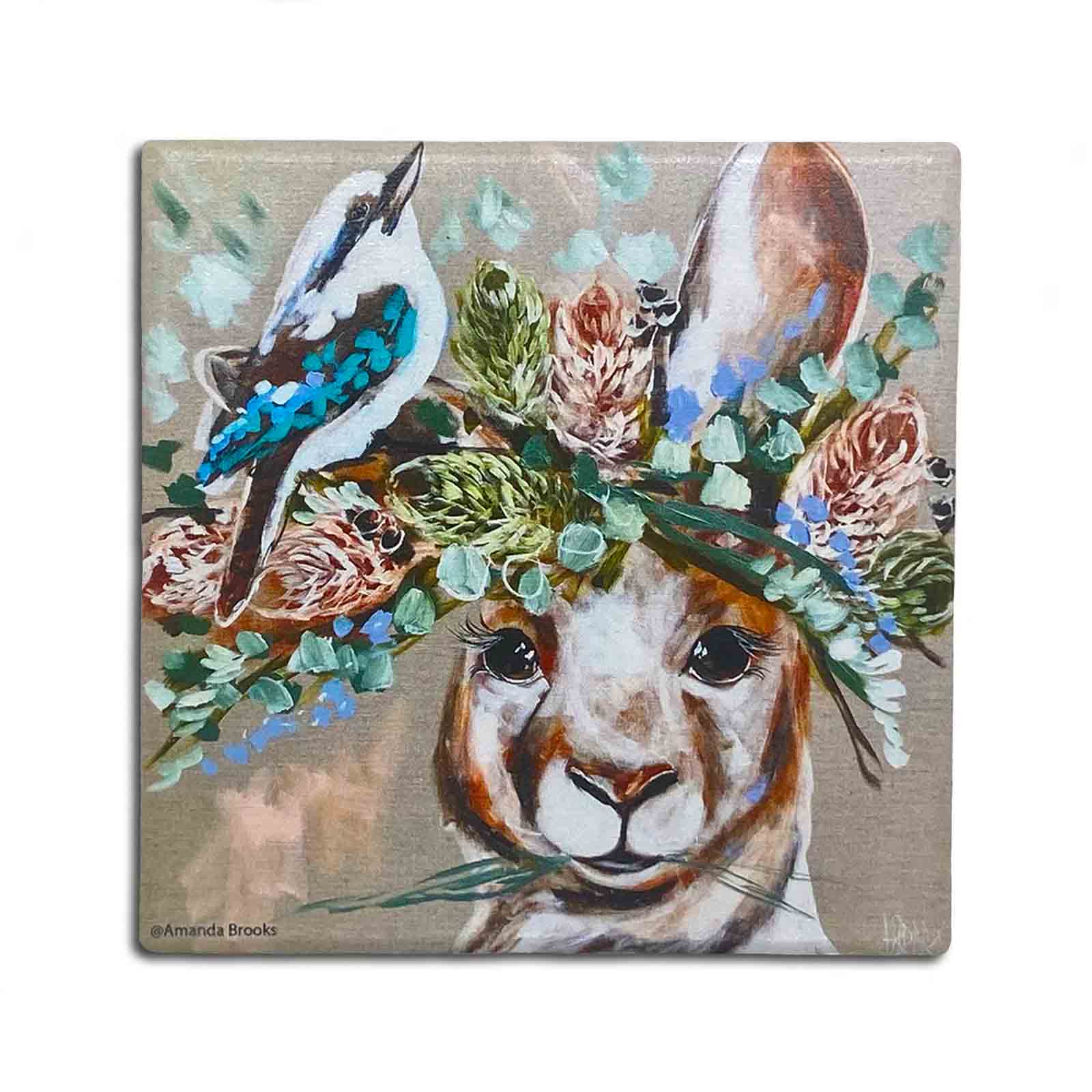 Amanda Brooks Forget Me Not Kangaroo Individual Dolomite Stone Coaster