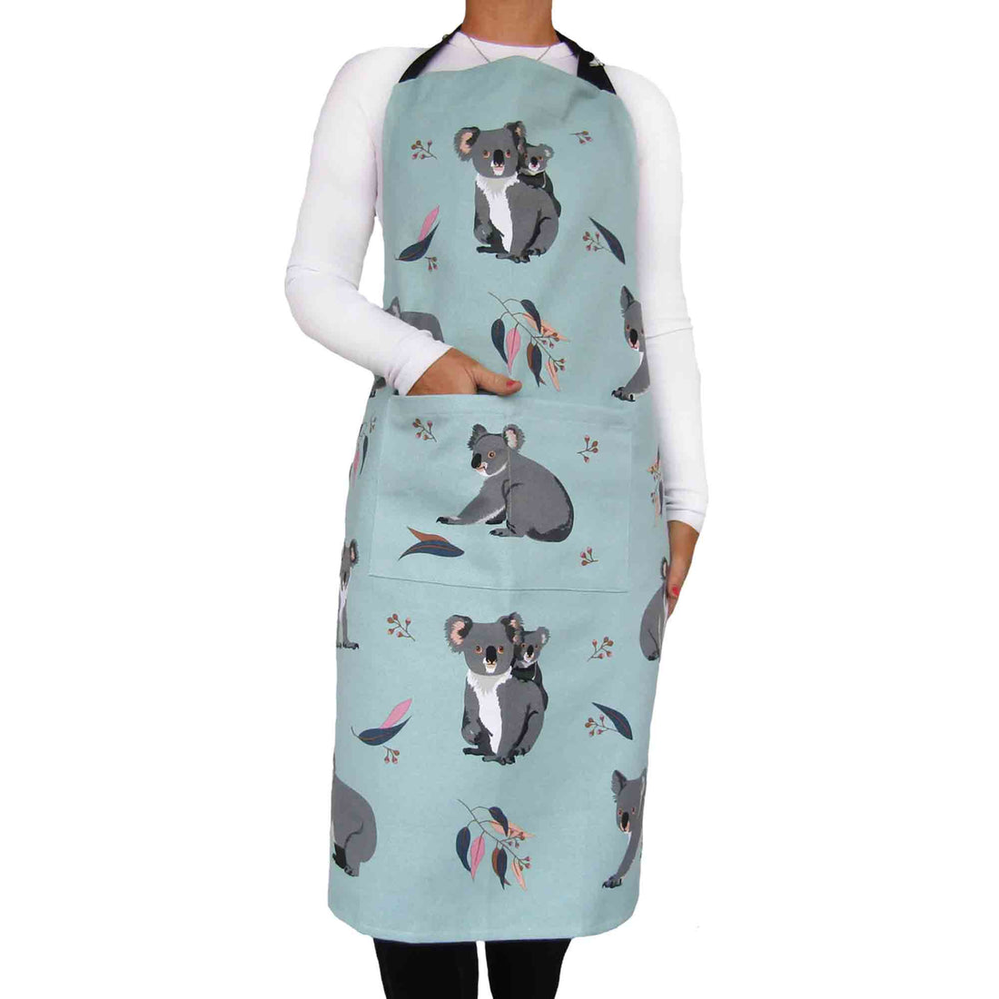 Person wearing a light green apron with koala designs on a white background