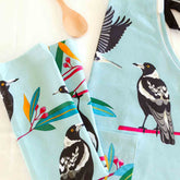 Light blue fabric with magpie and floral pattern on a white background