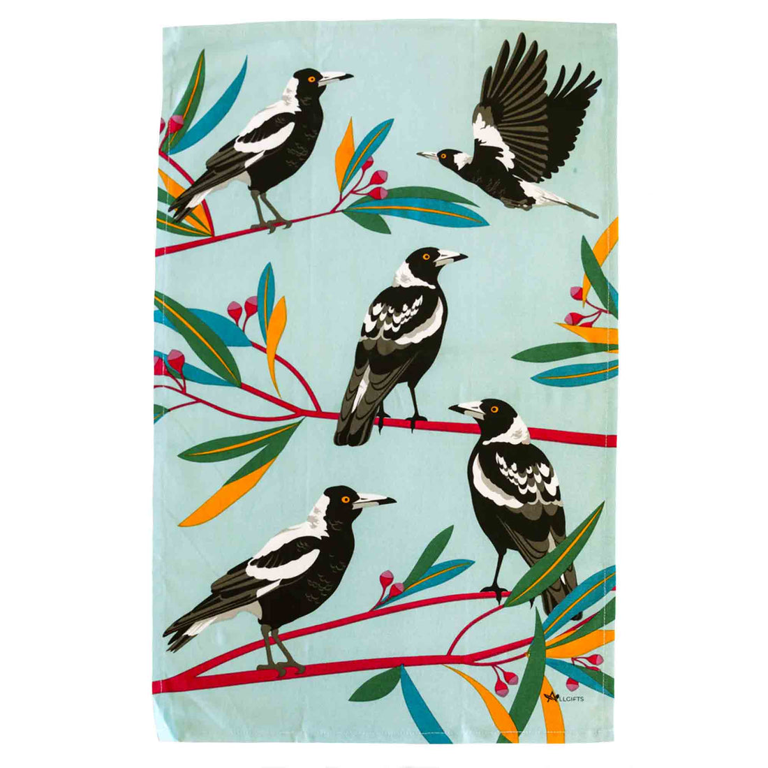 Tea towel with magpie design on a light blue background