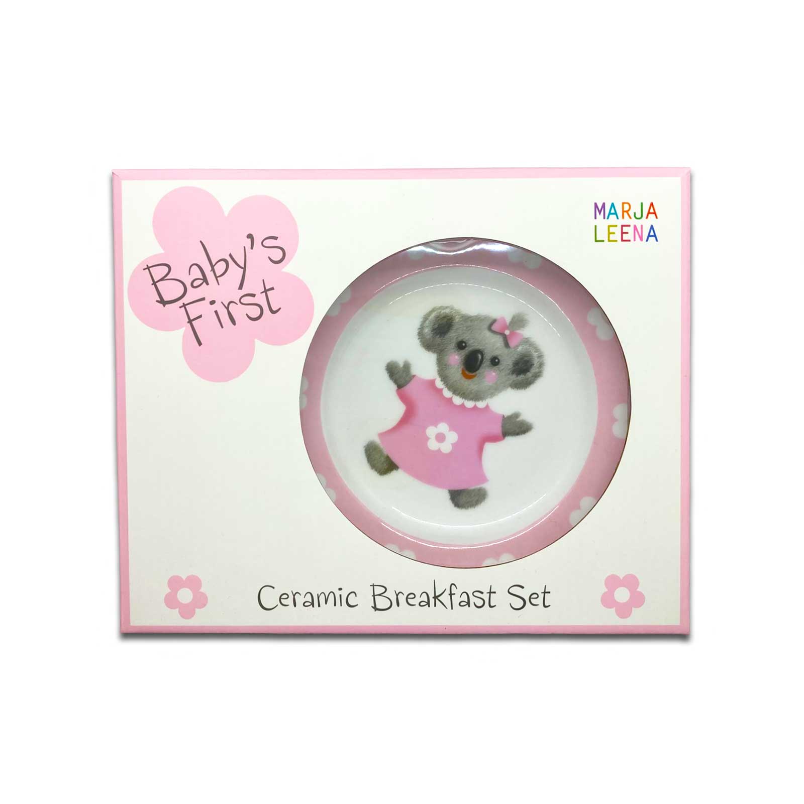 Ceramic breakfast set with a koala design in a pink and white box, featuring &
