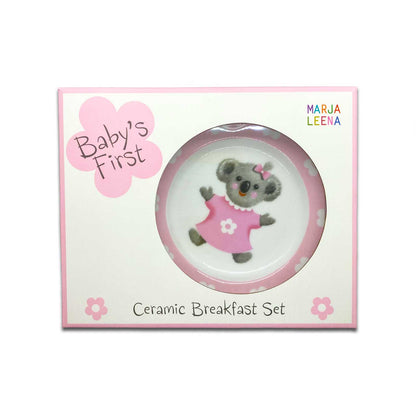 Ceramic breakfast set with a koala design in a pink and white box, featuring &