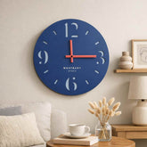 Styled interior featuring blue Westbury Studio clock with natural décor