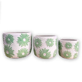 Three concrete planters with green floral daisy patterns on a white background