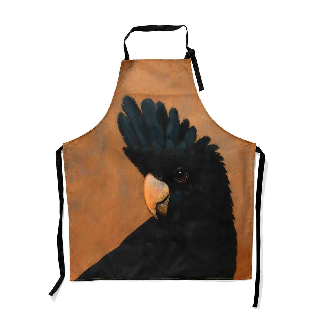 Apron with a black cockatoo design on a brown background