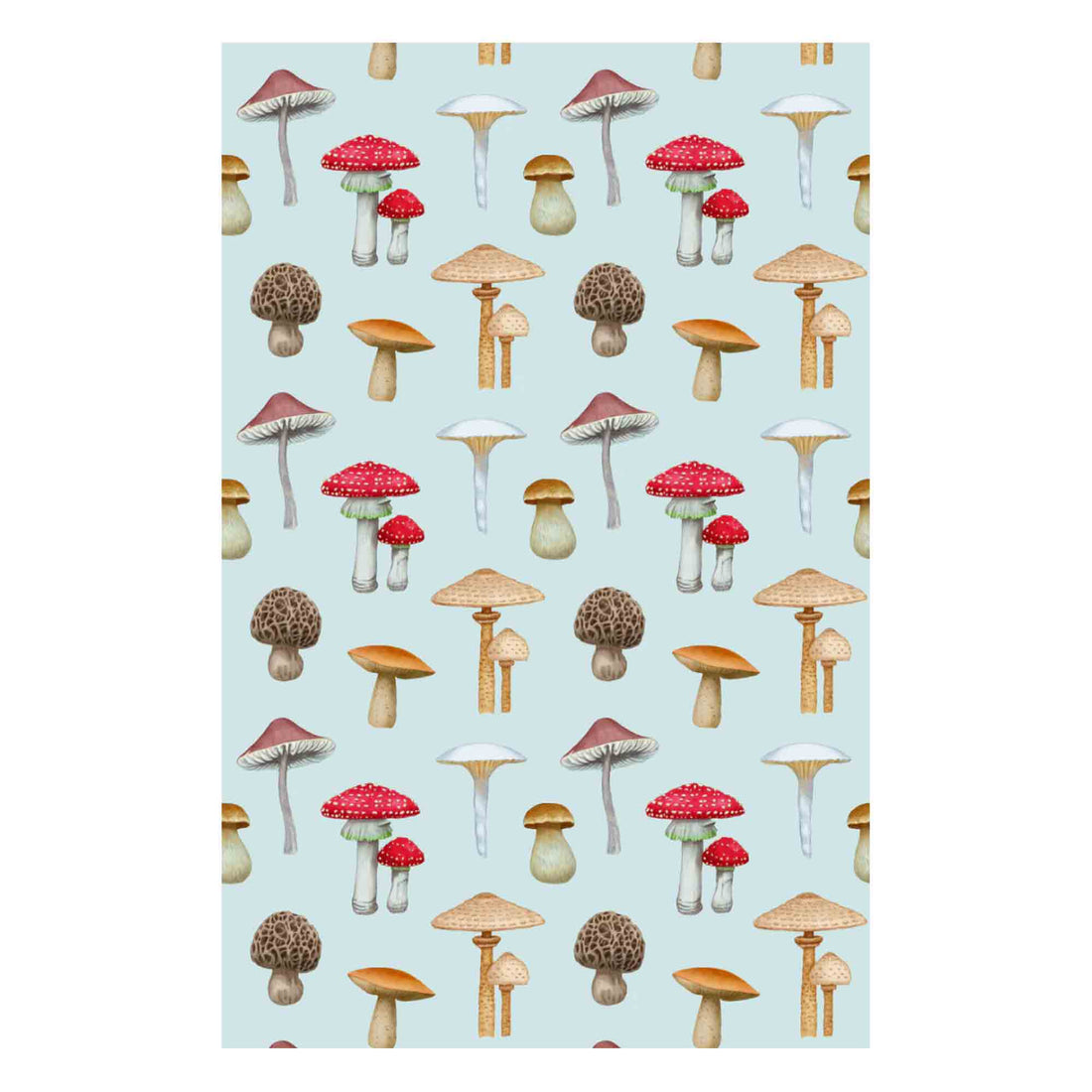 Pattern of colorful mushrooms on a light blue background