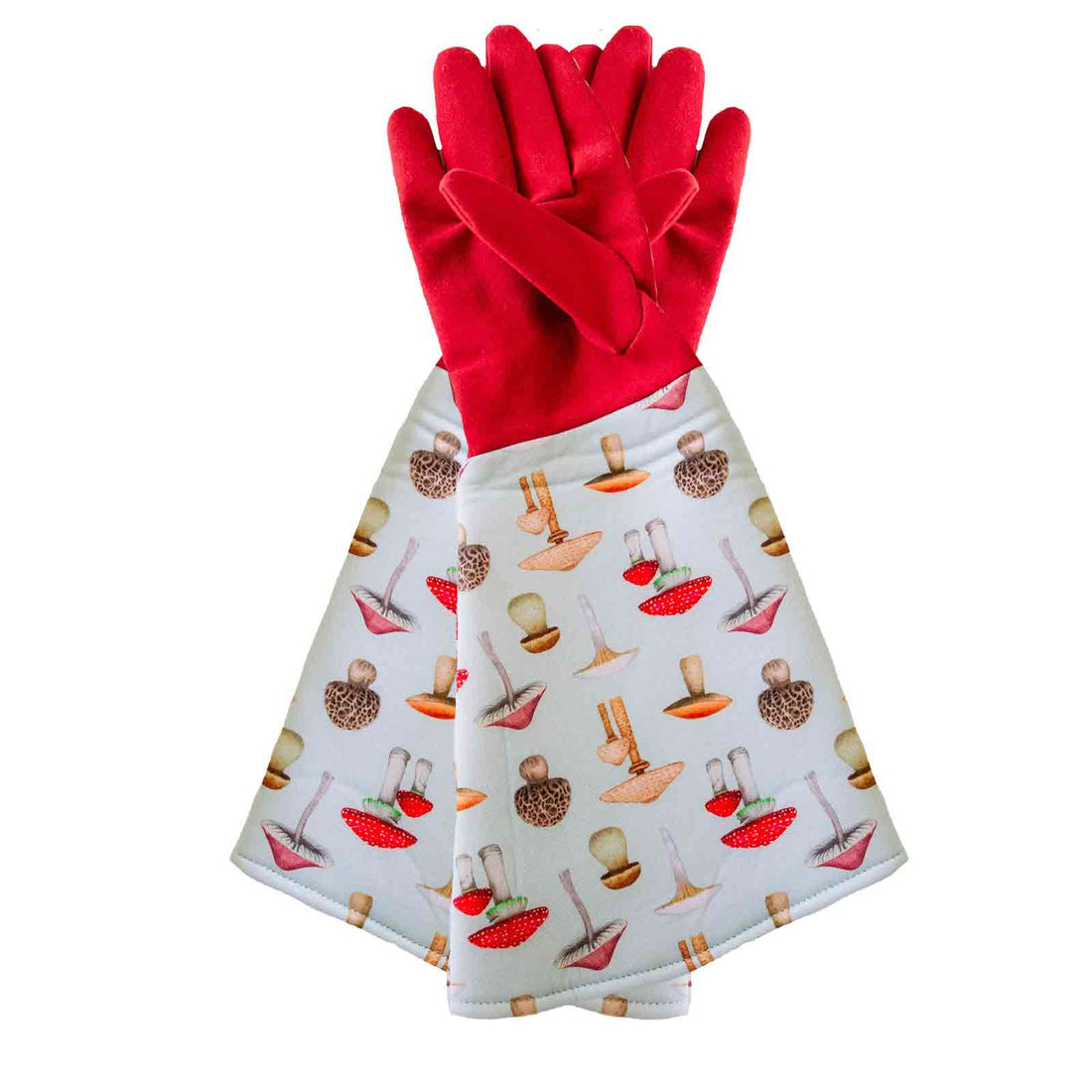 Mushroom designed gardening gloves on a white background
