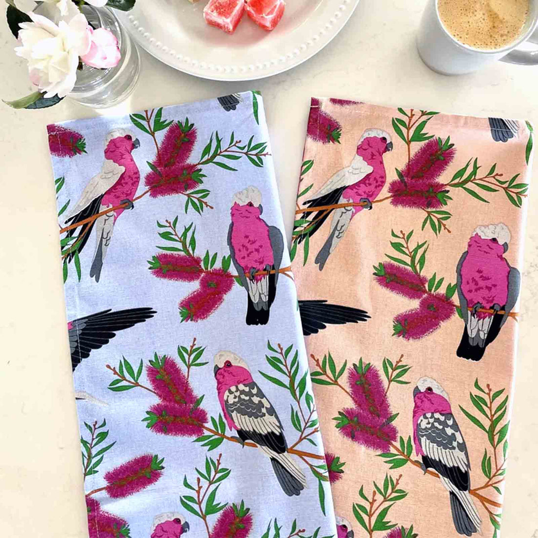 Pink Galahs 100% Cotton Tea Towel - 2 colours available Blue or Orange/Peach