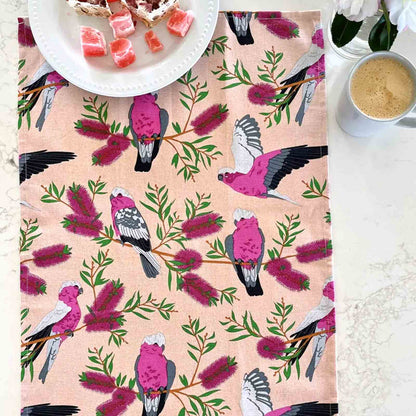 Pink Galahs 100% Cotton Tea Towel - Orange/Peach