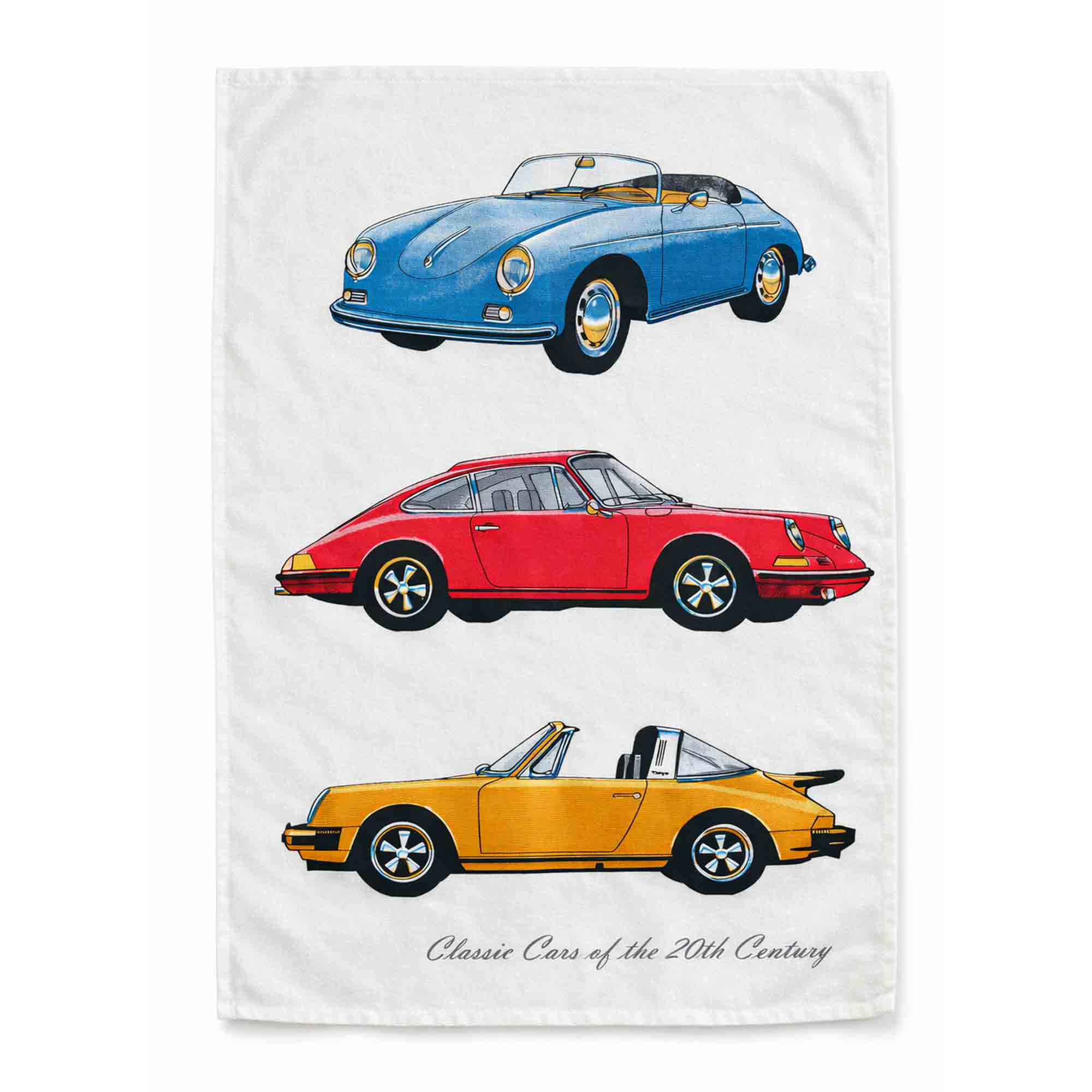 Tea towel with illustrations of Porsche classic cars on a white background