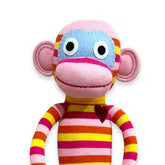 Pink, Orange and Yellow striped sock monkey plush with stitched heart – HickUps Rosie toy